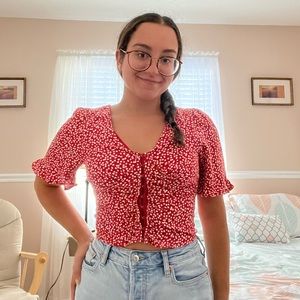Urban Romantics Crop Top. Red w/white dots. Size S. New w/Tags. Clasps infront